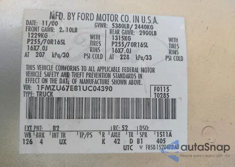 2001 Ford Explorer Sport Trac z USA, uszkodzony, nr VIN 1FMZU67E81UC04390